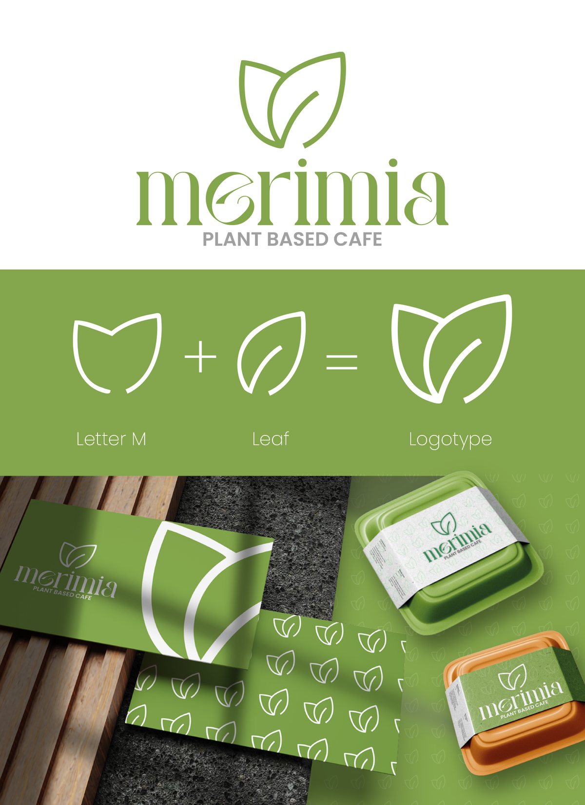 Merimia Plant Based Cafe marka kimliği panosu